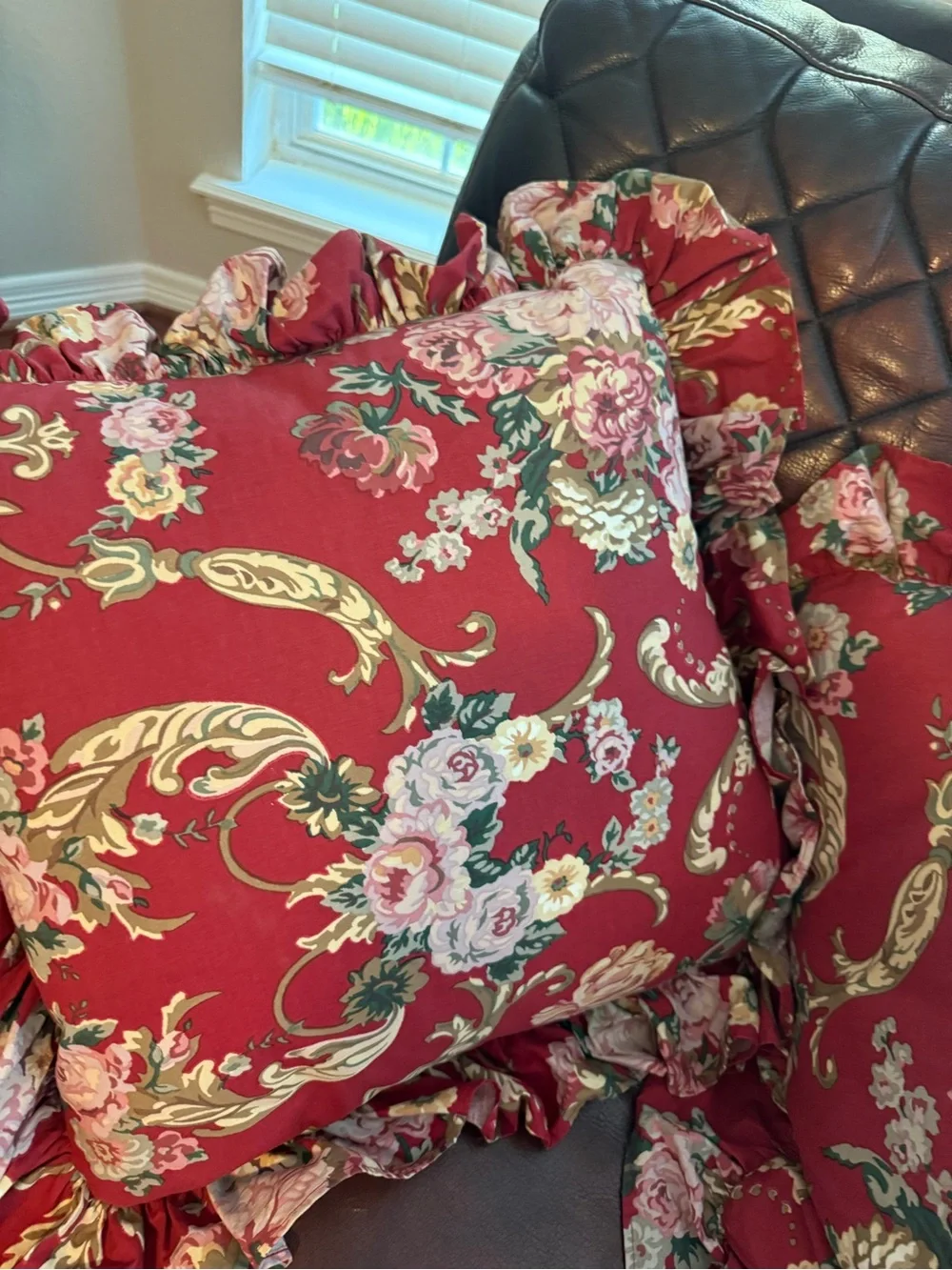 Ralph Lauren Accent Pillows 16x16 + 3 In Ruffle Marseilles Danielle Red Pair (2)